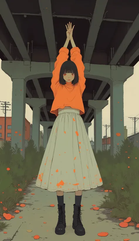 woman standing under a low bridge, stretching arms and reaching upward, wearing an orange long sleeve top and white patterned midi skirt, black boots, natural hairstyle with bangs, Smiling Gaze, Outdoor urban environment, Surrounding greenery and leaves, s...