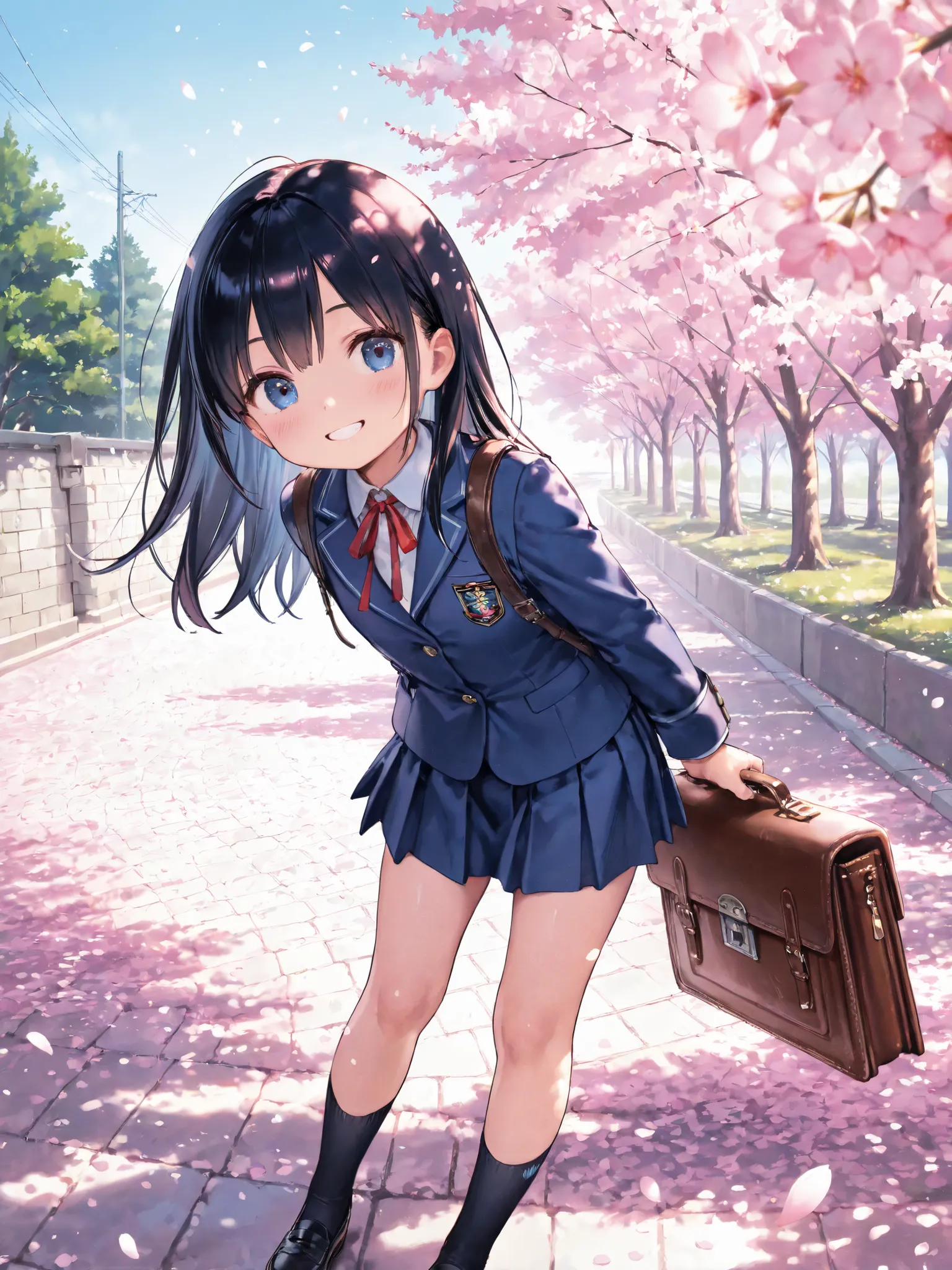 soft touch expression image quality、 soft contrast、Pretty Japanese high school girl、long black hair、Red ribbon on back hair、cute smile、Invincible Smile、Navy Blue and Green Blazer Uniform、white and blue stripe miniskirt、Black School Socks、Dark Brown Strappy...