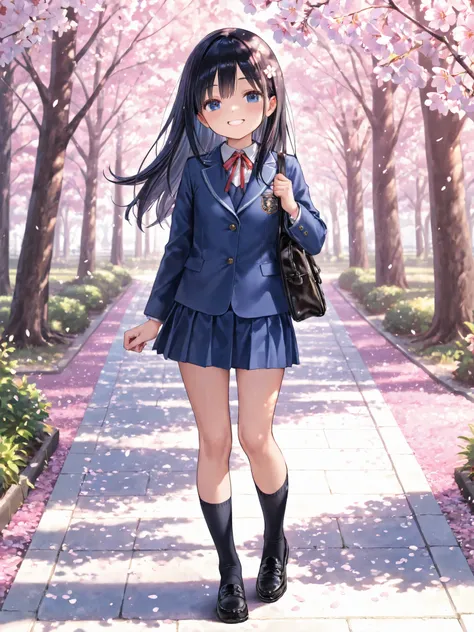soft touch expression image quality、 soft contrast、Pretty Japanese high school girl、long black hair、Red ribbon on back hair、cute smile、Invincible Smile、Navy Blue and Green Blazer Uniform、white and blue stripe miniskirt、Black School Socks、Dark Brown Strappy...