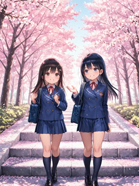 soft touch expression image quality、 soft contrast、Pretty Japanese high school girl、long black hair、Red ribbon on back hair、cute smile、Invincible Smile、Navy Blue and Green Blazer Uniform、white and blue stripe miniskirt、Black School Socks、Dark Brown Strappy...