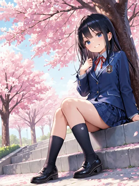 soft touch expression image quality、 soft contrast、Pretty Japanese high school girl、long black hair、Red ribbon on back hair、cute smile、Invincible Smile、Navy Blue and Green Blazer Uniform、white and blue stripe miniskirt、Black School Socks、Dark Brown Strappy...