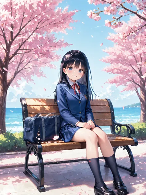 soft touch expression image quality、 soft contrast、Pretty Japanese high school girl、long black hair、Red ribbon on back hair、cute smile、Invincible Smile、Navy Blue and Green Blazer Uniform、white and blue stripe miniskirt、Black School Socks、Dark Brown Strappy...