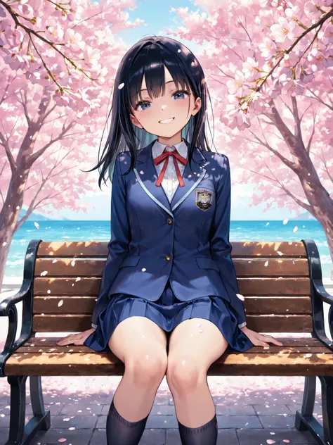 soft touch expression image quality、 soft contrast、Pretty Japanese high school girl、long black hair、Red ribbon on back hair、cute smile、Invincible Smile、Navy Blue and Green Blazer Uniform、white and blue stripe miniskirt、Black School Socks、Dark Brown Strappy...
