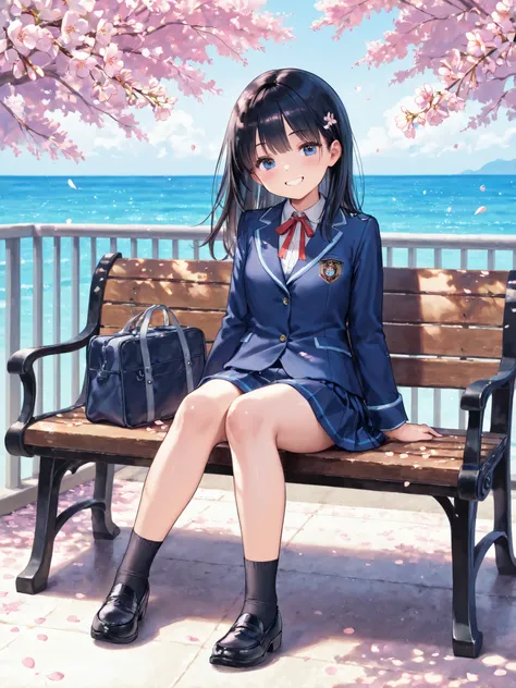 soft touch expression image quality、 soft contrast、Pretty Japanese high school girl、long black hair、Red ribbon on back hair、cute smile、Invincible Smile、Navy Blue and Green Blazer Uniform、white and blue stripe miniskirt、Black School Socks、Dark Brown Strappy...