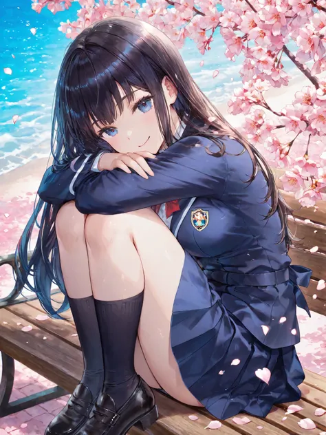 soft touch expression image quality、 soft contrast、Pretty Japanese high school girl、long black hair、Red ribbon on back hair、cute smile、Invincible Smile、Navy Blue and Green Blazer Uniform、white and blue stripe miniskirt、Black School Socks、Dark Brown Strappy...