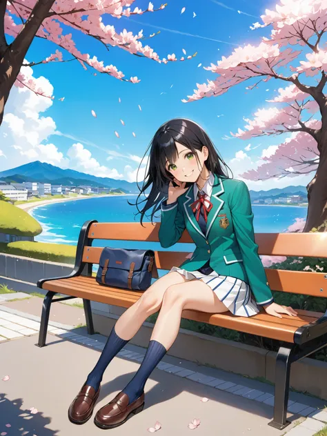soft touch expression image quality、 soft contrast、Pretty Japanese high school girl、long black hair、Red ribbon on back hair、cute smile、Invincible Smile、Navy Blue and Green Blazer Uniform、white and blue stripe miniskirt、Black School Socks、Dark Brown Strappy...