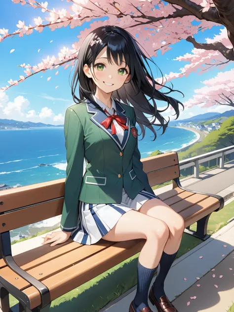 soft touch expression image quality、 soft contrast、Pretty Japanese high school girl、long black hair、Red ribbon on back hair、cute smile、Invincible Smile、Navy Blue and Green Blazer Uniform、white and blue stripe miniskirt、Black School Socks、Dark Brown Strappy...