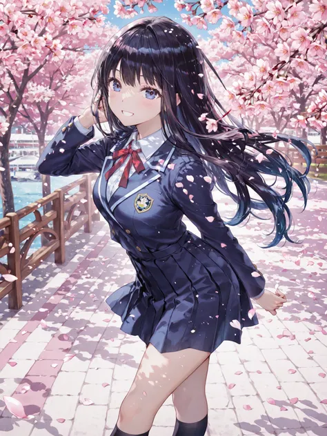 soft touch expression image quality、 soft contrast、Pretty Japanese high school girl、long black hair、Red ribbon on back hair、cute smile、Invincible Smile、standing、walk、Navy Blue and Green Blazer Uniform、white and blue stripe miniskirt、Black School Socks、Dark...