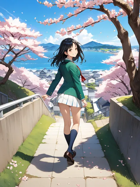 soft touch expression image quality、 soft contrast、Pretty Japanese high school girl、long black hair、Red ribbon on back hair、cute smile、Invincible Smile、standing、walk、Navy Blue and Green Blazer Uniform、white and blue stripe miniskirt、Black School Socks、Dark...