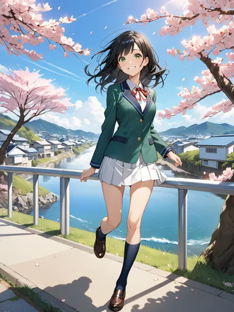 soft touch expression image quality、 soft contrast、Pretty Japanese high school girl、long black hair、Red ribbon on back hair、cute smile、Invincible Smile、standing、walk、Navy Blue and Green Blazer Uniform、white and blue stripe miniskirt、Black School Socks、Dark...