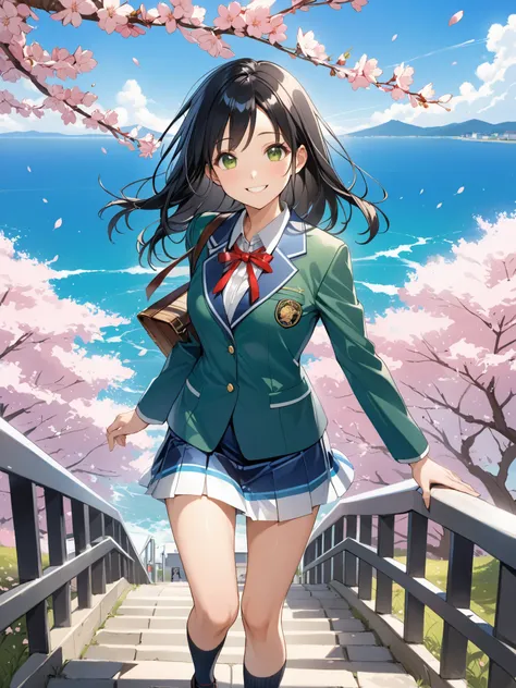 soft touch expression image quality、 soft contrast、Pretty Japanese high school girl、long black hair、Red ribbon on back hair、cute smile、Invincible Smile、standing、walk、Navy Blue and Green Blazer Uniform、white and blue stripe miniskirt、Black School Socks、Dark...