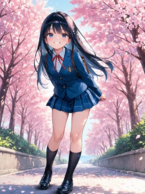 soft touch expression image quality、 soft contrast、Pretty Japanese high school girl、long black hair、Red ribbon on back hair、cute smile、Invincible Smile、standing、walk、Navy Blue and Green Blazer Uniform、white and blue stripe miniskirt、Black School Socks、Dark...