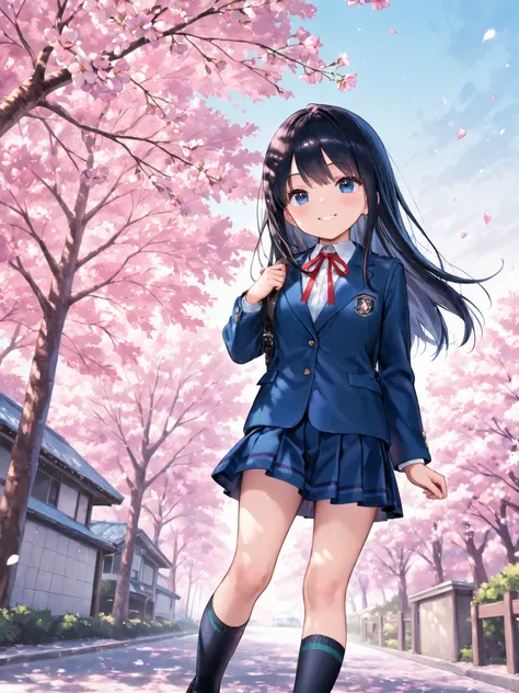 soft touch expression image quality、 soft contrast、Pretty Japanese high school girl、long black hair、Red ribbon on back hair、cute smile、Invincible Smile、standing、walk、Navy Blue and Green Blazer Uniform、white and blue stripe miniskirt、Black School Socks、Dark...