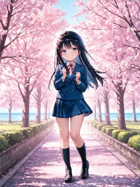 soft touch expression image quality、 soft contrast、Pretty Japanese high school girl、long black hair、Red ribbon on back hair、cute smile、Invincible Smile、standing、walk、Navy Blue and Green Blazer Uniform、white and blue stripe miniskirt、Black School Socks、Dark...
