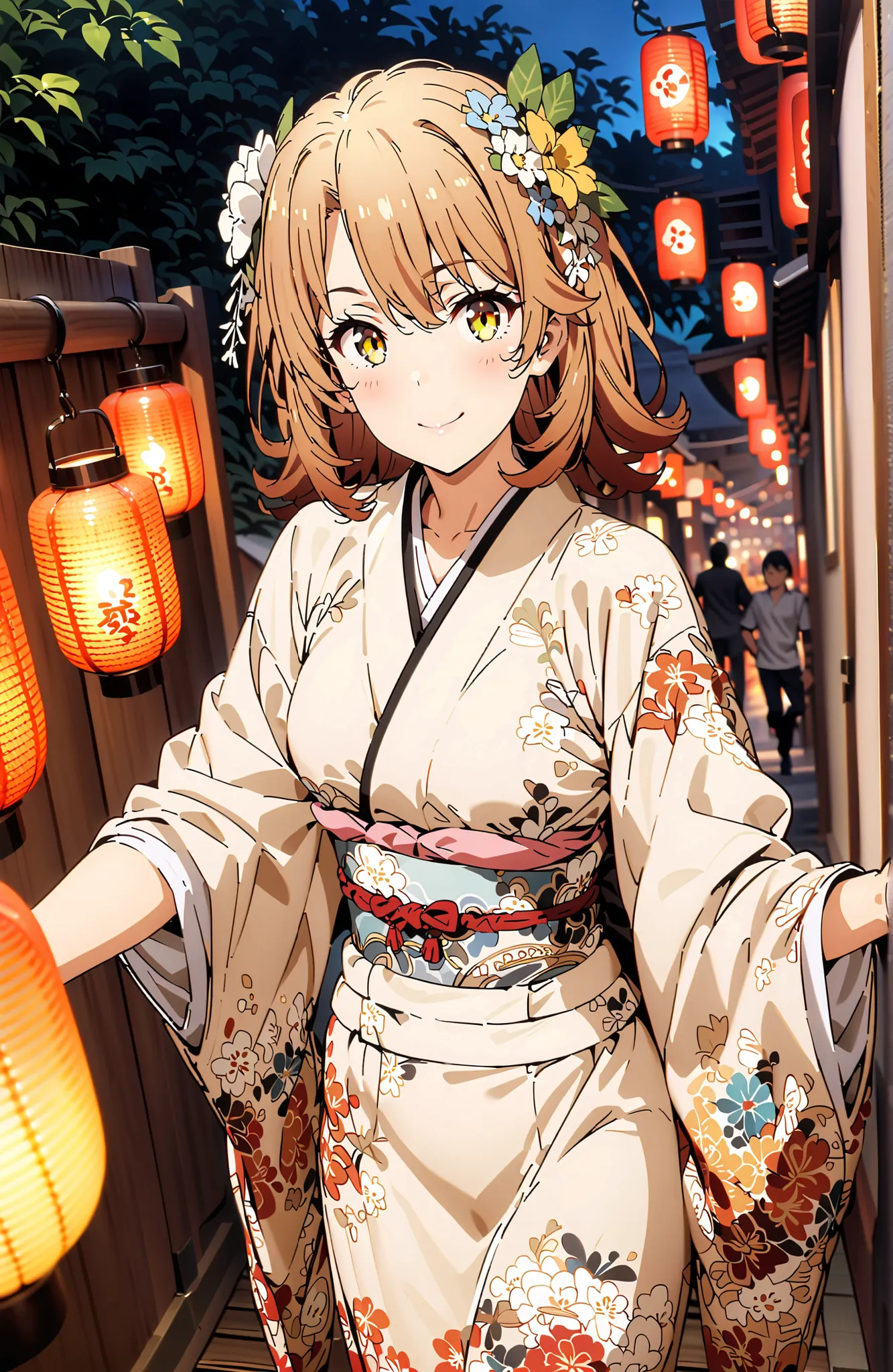 Iroha Isshiki, short hair, brown hair, brown eyes in the bedroom,flower hair ornament with ears,Yellow flower pattern kimono ,Medium breast,smile,blush,mouth,Light up fireworks,Red Lantern,Japanese stalls ,standing,night,in their 40s outdoors, Japanese Fes...