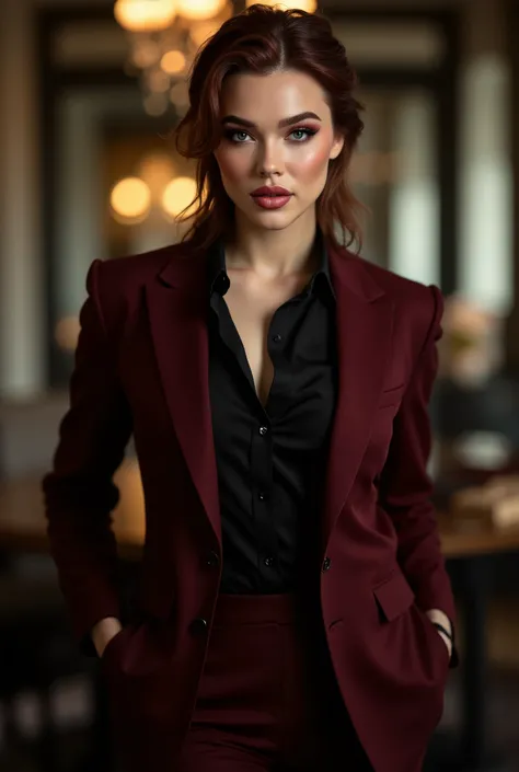 full body image of Emma Rose, a beautiful female business executive wearing an bordeaux leather Armani business suit with a open black buttondown shirt, auburn slick back hair, strong seductive makeup, bedroom eyes, romantic lighting, a corporate photogra...