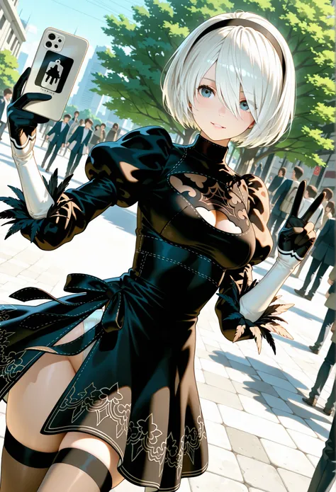 Character 2B from the game Nier automata taking a selfie with a mother and daughter in the middle of the street, bends slightly to be at the height of the and makes V with his fingers to pose for a photo, the street is busy and several people pass by and ...