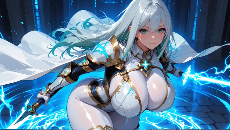 silver long hair、(I'm drawing a bow getting ready to shoot an arrow:1.lutty Woman、 Bitch、Prostitute)、(super huge breasts)、(white tight bodysuit)、(White Armor)、(White Cloak)、(glamorous、wide hips、Thick Thighs、curve)、(detailed white decorations with glowing h...