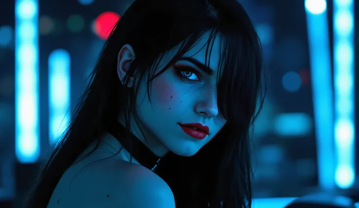 perfect anatomy, cinematic lighting, high detail, alien goth girl, medium shot, 18-year-old, slender figure, smooth pale skin, scattered freckles, ((full, pouty lips)), deep, mesmerizing blue eyes, long thick lashes, black choker, dark red lipstick, black ...