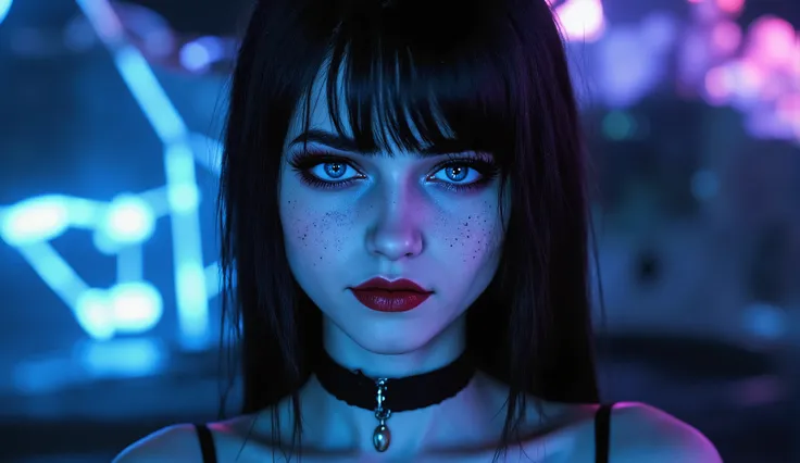 perfect anatomy, cinematic lighting, high detail, alien goth girl, medium shot, 18-year-old, slender figure, smooth pale skin, scattered freckles, ((full, pouty lips)), deep, mesmerizing blue eyes, long thick lashes, black choker, dark red lipstick, black ...