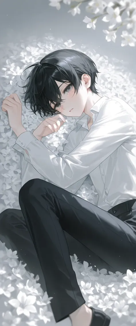 (1 boy with short black hair:1.4),((White flowers lie in many coffins))、 white shirt、black pants、moonlight、tears