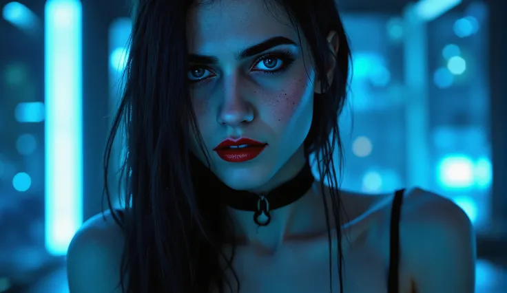 perfect anatomy, cinematic lighting, high detail, alien goth girl, medium shot, 18-year-old, slender figure, smooth pale skin, scattered freckles, ((full, pouty lips)), deep, mesmerizing blue eyes, long thick lashes, black choker, dark red lipstick, black ...