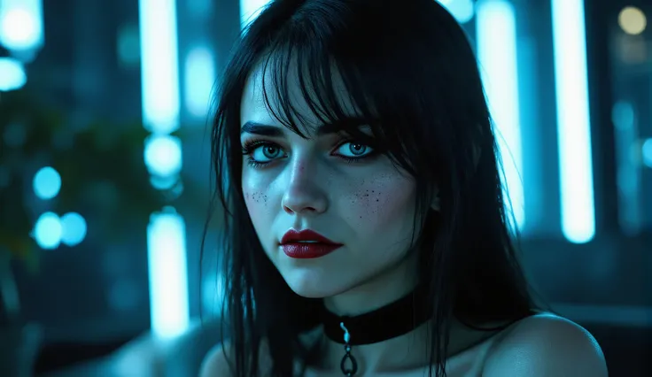 perfect anatomy, cinematic lighting, high detail, alien goth girl, medium shot, 18-year-old, slender figure, smooth pale skin, scattered freckles, ((full, pouty lips)), deep, mesmerizing blue eyes, long thick lashes, black choker, dark red lipstick, black ...
