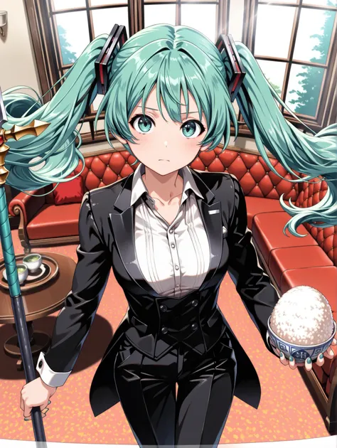 ( masterpiece、 Highest Quality、 Highest Quality、official art、 beautiful beautiful :1.2) Hatsune Miku、Light Green Twin Tails, beautiful breasts, concentrate on dog butler (stare at the rice bowl) gracefully brewing tea、Observe the whole, Sofa, tables, wide ...
