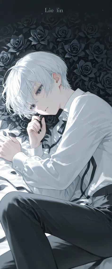 (1 boy with white hair short cut:1.4),((Black flowers lie in many coffins))、 white shirt、black pants、moonlight、tears