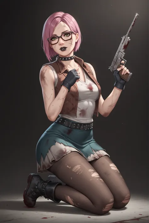girl (masterpiece)spiked belt,choker,spiked collar,black lips,fingerless gloves,evening (only)white sleeveless vest, dark green skirt,pantyhose, black boots,Silent Hill setting, dirty walls with blood stains, dirty metal grates, of Silent Hill,gun in hands...
