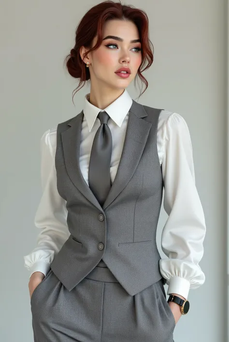 photorealistic, woman with auburn hair wearing a white satin blouse with a grey neck tie, a grey vest and grey pantalon pants, business attire