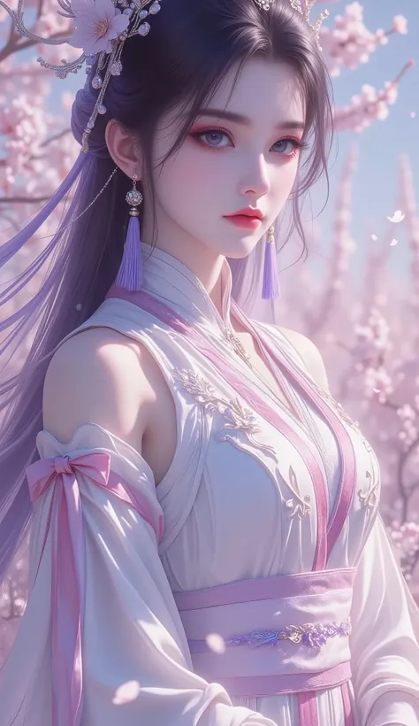 Chinese Fairy Tales character, extremely details, high detailed face, upper-body, (mature woman, milf), extremely busty, cool beauty, living expressions, (cold gaze, cold eyes, blue eyes), expressionless, black hair, dark purple highlight, Straight hair, d...