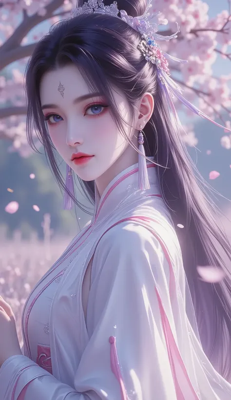 Chinese Fairy Tales character, extremely details, high detailed face, upper-body, (mature woman, milf), extremely busty, cool beauty, living expressions, (cold gaze, cold eyes, blue eyes), expressionless, black hair, dark purple highlight, Straight hair, d...