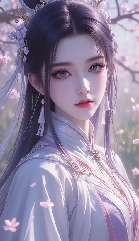 Chinese Fairy Tales character, extremely details, high detailed face, upper-body, (mature woman, milf), extremely busty, cool beauty, living expressions, (cold gaze, cold eyes, blue eyes), expressionless, black hair, dark purple highlight, Straight hair, d...