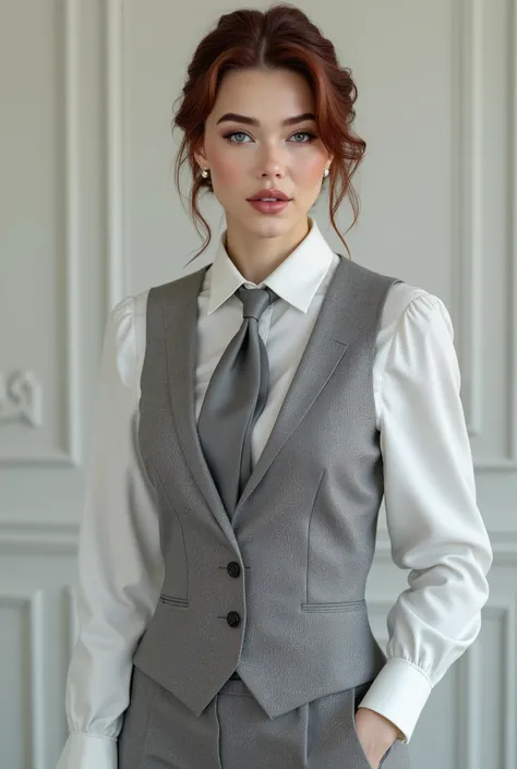 photorealistic, woman with auburn hair wearing a white satin blouse with a grey neck tie, a grey vest and grey pantalon pants, business attire