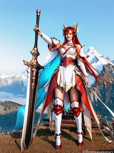 8k ultra hd, photorealistic, hyperdetailed, 3d rendered,  masterpiece, mountain landscape, solo,  20 years old , Elesis Sieghart(elsword), sword holding girl, red hair, long hair, red eyes, perfect hands (5 parmak), rias gremory, irelia, white and red armo...