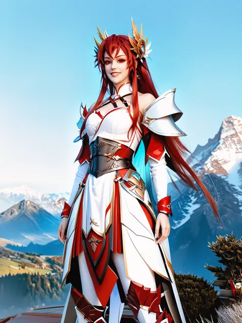 8k ultra hd, photorealistic, hyperdetailed, 3d rendered,  masterpiece, mountain landscape, solo,  20 years old , Elesis Sieghart(elsword), sword holding girl, red hair, long hair, red eyes, perfect hands (5 parmak), rias gremory, irelia, white and red armo...