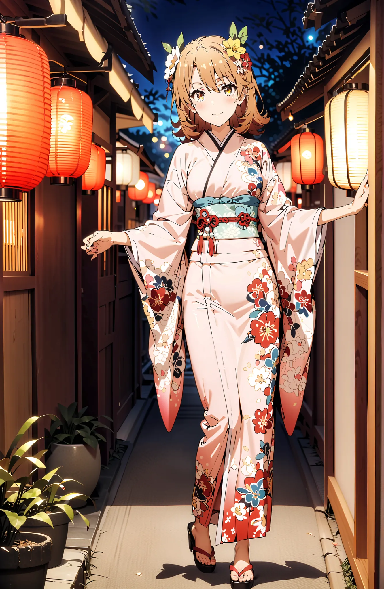 Iroha Isshiki, short hair, brown hair, brown eyes in the bedroom,flower hair ornament with ears,Yellow flower pattern kimono ,Medium breast,smile,blush,mouth,Light up fireworks,Red Lantern,Japanese stalls ,standing,night,in their 40s outdoors, Japanese Fes...