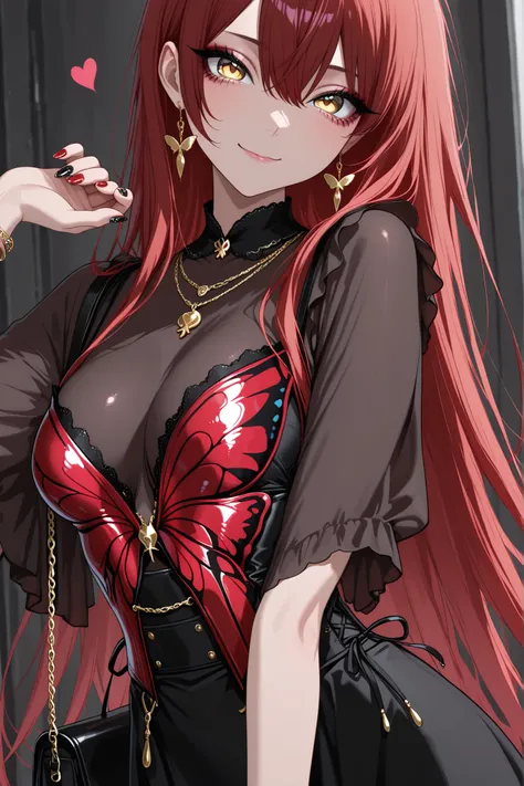 (masterpiece:1.2), best quality, amazing quality, absurdres, dynamic shot, portrait, close-up, aegyo_sal, anime-style eyes, glossy eyes, smooth cel-shading, thin outlines, slight anime style, 1 woman , golden eyes , very long hair , long sidelocks, red hai...