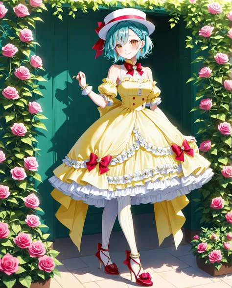 outdoor, (garden), scenery lush, roses, flowers, peonies, garter_straps, 1girl, (solo), aqua hair, short hair, braided bangs hairstyle, orange_eyes, golden_eyeshadow, large_breasts, earrings, bare_shoulders beads bow buttons closed_mouth elegant_hat detach...