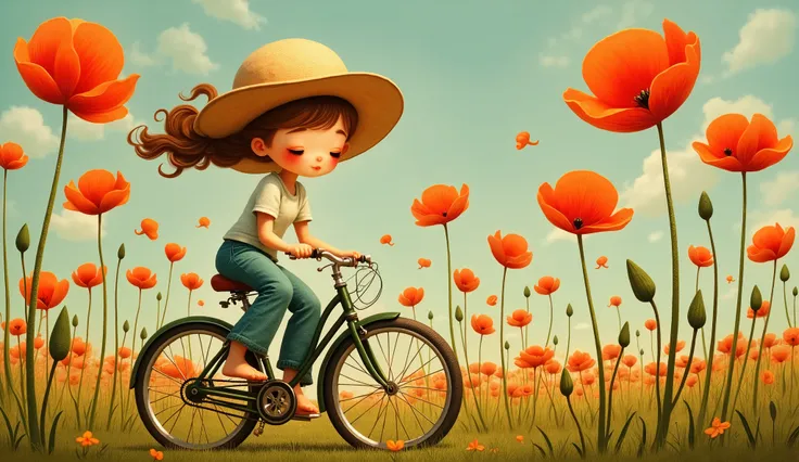 whimsical art style, surreal fantasy, A girl rides a bicycle; she is wearing jeans, a t-shirt, and a sun hat. In the background, there is a field of poppies, and the poppies are enormous, disproportionate, the size of trees. color palette Rusty Red, Antiq...