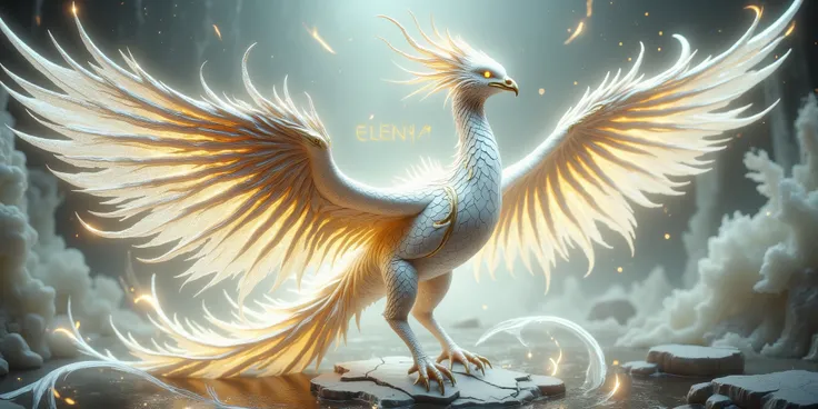 (best quality, 128k,highres,masterpiece:1.2),ultra-detailed,(realistic,photorealistic,photo-realistic:1.37), ((masterpiece)) ((photography)) ((Highest quality)) a majestic phoenix in flight named "ELENYA", styled like cracked white porcelain with golden ki...