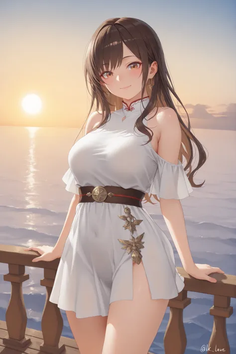 ultra high detail, 8k resolution, noise-free photorealistic ultra high fidelity slender busty woman with long dark brown hair with each strand rendered in lifelike detail wearing a crisp white short-sleeve sheath dress with red trimmed collar and inner pla...