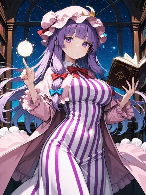 1girl ,patchouli knowledge ,:o ,blue bow ,blue ribbon ,blunt bangs ,book ,bow ,bowtie ,breasts ,cape ,capelet ,closed mouth ,covered navel ,cowboy shot ,crescent ,crescent hat ornament ,curvy ,dress ,floating ,floating book ,floating hair ,floating object ...