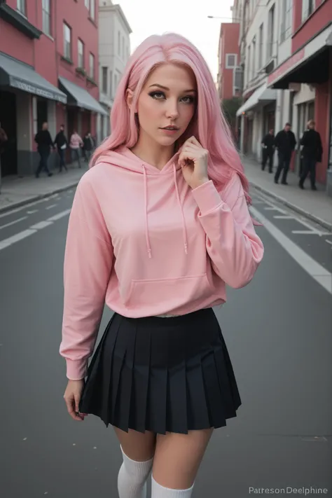 score_9, score_8_up, score_7_up, Belle Delphine,  walking in the street,  pink hair .  Wearing pink hoodie ,  pleated skirt ,  white socks, cowboy shot