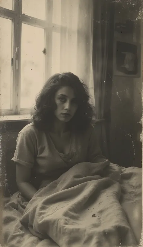 Very sad woman in bed, round face, straight brown hair, brown eyes with dark circles under the eyes — she wakes up screaming in her room, sweaty and out of breath. The sheets are soaked. Moonlight comes through the window. She stares blankly at the ceiling...