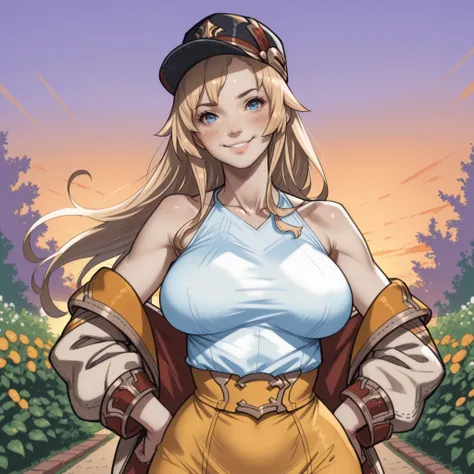 1girl, solo, realistic, (blush, sexy, large breasts, wide hips, broad hips, smile, sexy, head tilt, tilted head, standing, hands on hips), looking at viewer, Ramona Dragalia Lost, long hair, loose hair, blonde hair, blue eyes, casual outfit, black cap, ope...