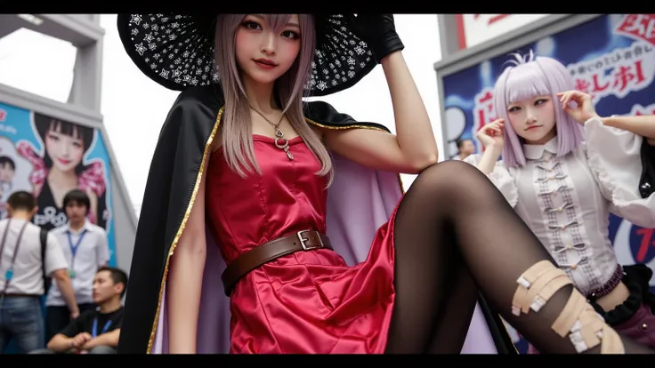 Una girls, She wears a witch's hat and a cape, dressed in a long-sleeved strapless red dress with a brown belt, black fingerless gloves and a necklace, wears bandages on her left leg and black thighs on her right leg, manga convention background, {{{masterpiece}}}, {{{best quality}}}, {{ultra-detailed}}, (((realista)))