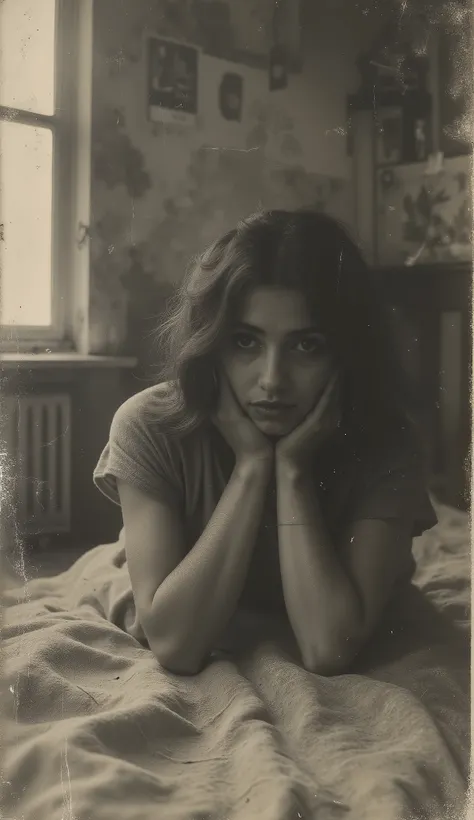Very sad woman in bed, round face, straight brown hair, brown eyes with dark circles under the eyes — she wakes up screaming in her room, sweaty and out of breath. The sheets are soaked. Moonlight comes through the window. She stares blankly at the ceiling...