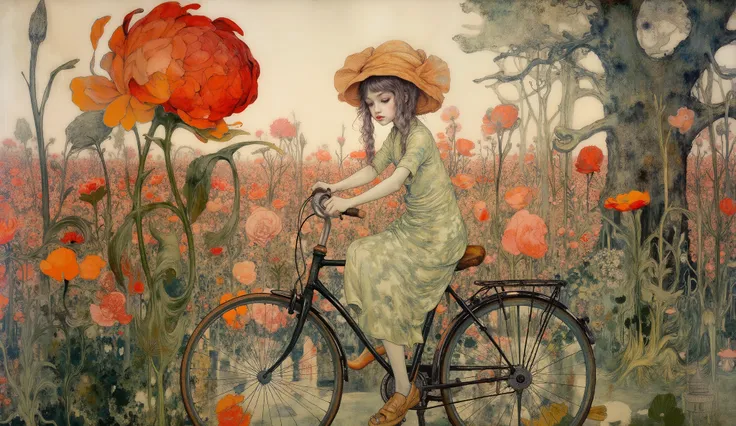 whimsical art style, surreal fantasy, A girl rides a bicycle; she is wearing a summer dress, and a sun hat. In the background, there is a field of poppies, and the poppies are enormous, disproportionate, the size of trees. color palette Rusty Red, Antique...